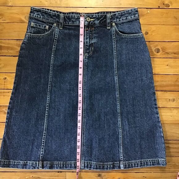 COLUMBIA denim skirt blue stretchy A line pockets medium rise front zipper 10 - Picture 4 of 9